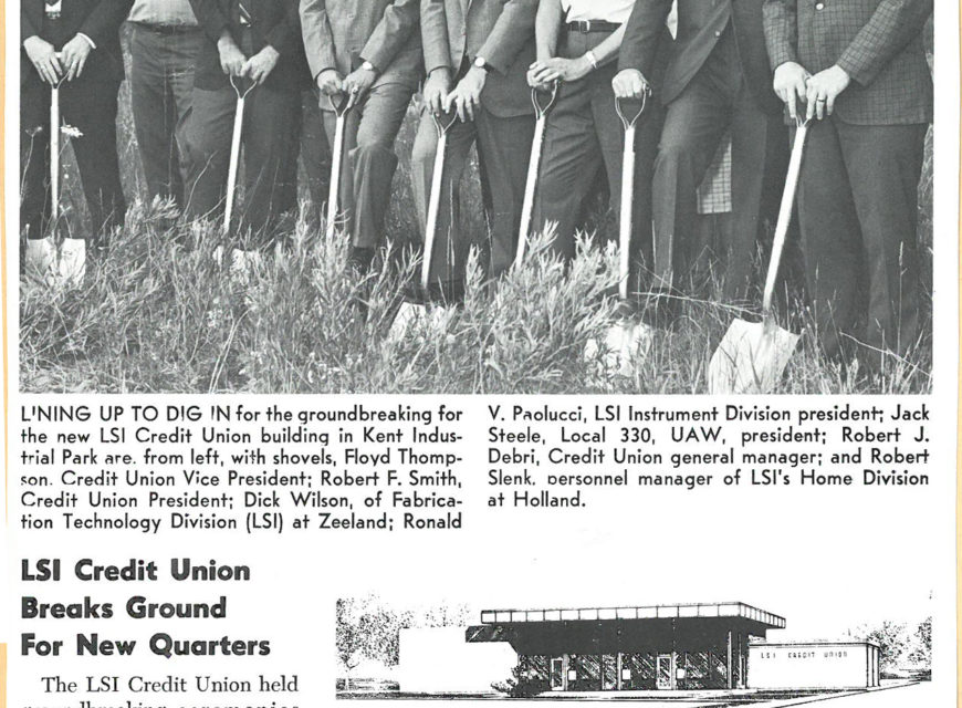 Newspaper article featuring LSI Credit Union as they begin work on their new office (2nd from the right, Robert J. Debri). 